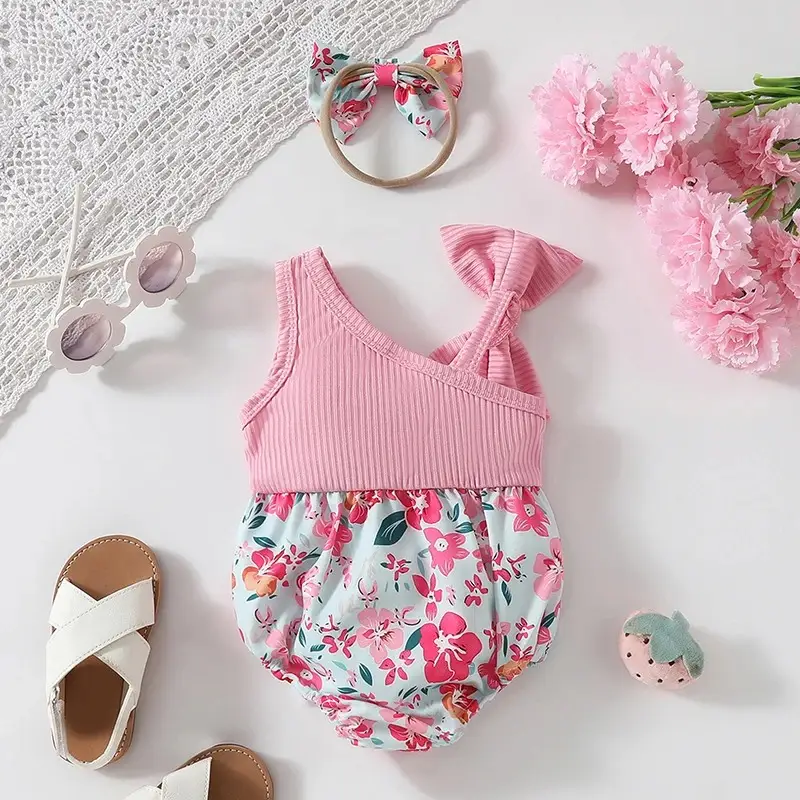 Sunken Stripe Stitching Floral One-piece Romper