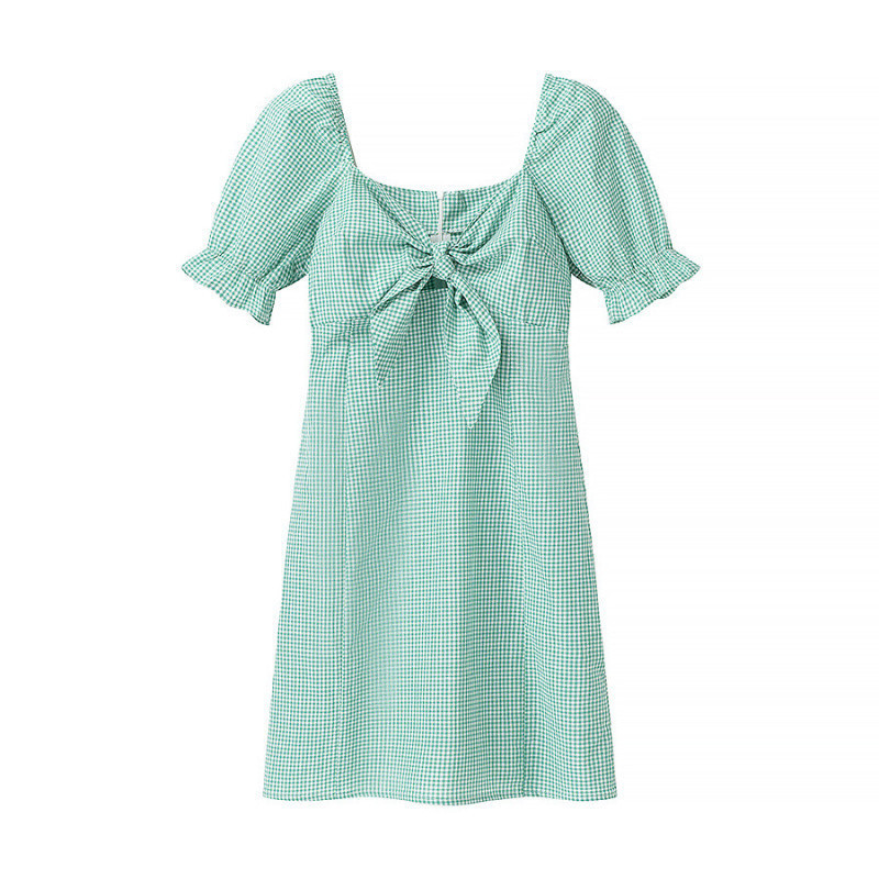 New Women's Fashion Front Knot Check Short Sleeve Dress Picture Color S - Shop at LoveMi