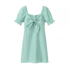 New Women's Fashion Front Knot Check Short Sleeve Dress - Picture Color-S - View 1