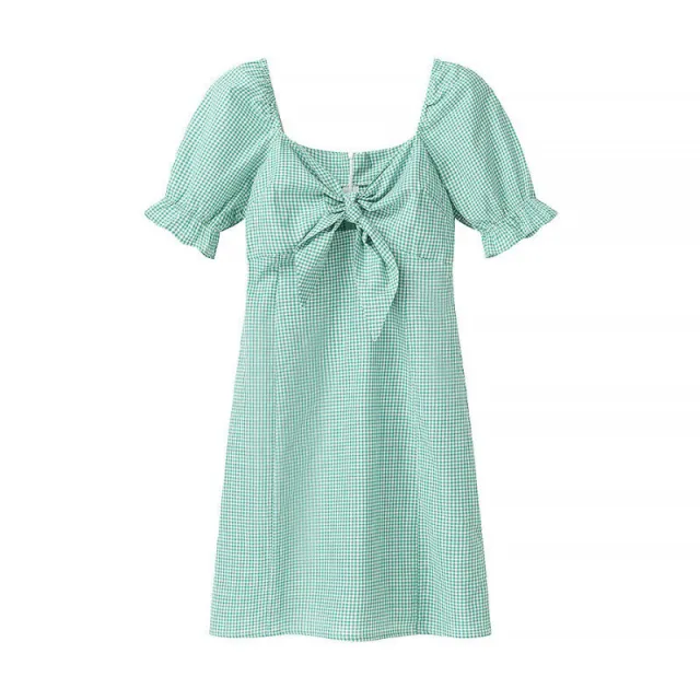 New Women's Fashion Front Knot Check Short Sleeve Dress Picture Color S - Shop at LoveMi