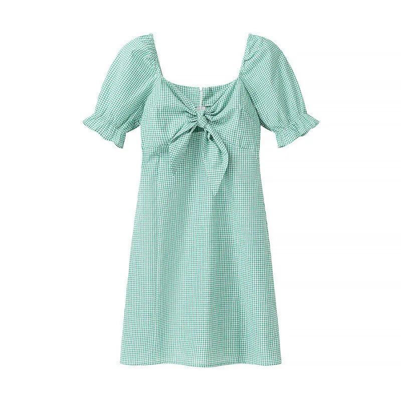 New Women's Fashion Front Knot Check Short Sleeve Dress - Picture Color-S