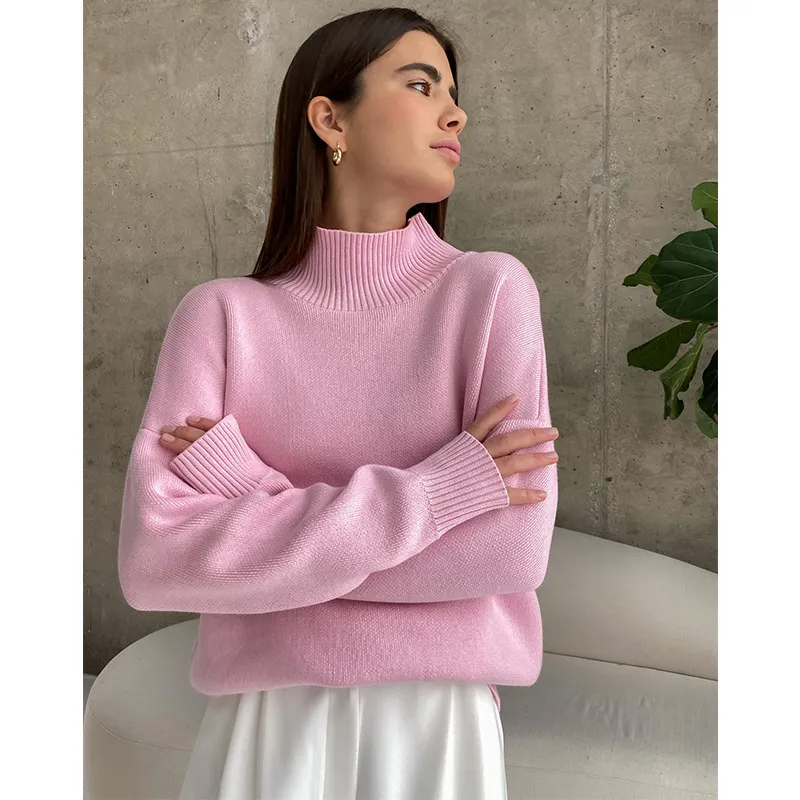 Women's Fashionable All-matching Loose Mock Neck Knitted Sweater - Pink