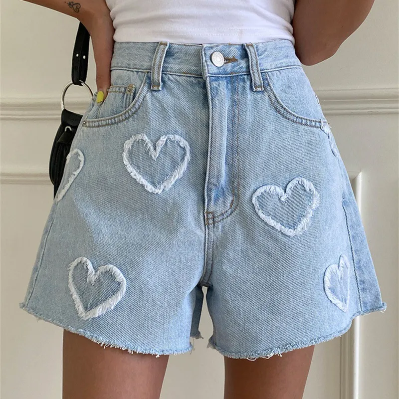 Cute Frayed Heart Pattern Light Color And Water Scrubbing High Waist Denim Shorts - Blue