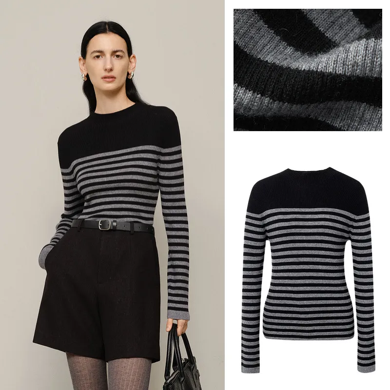 Women's Striped Color Matching Wool Sweater Top - Black