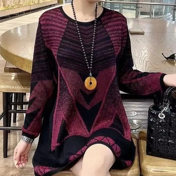 New Mid-length Round Neck Autumn And Winter Geometric Sweater - Rose Red