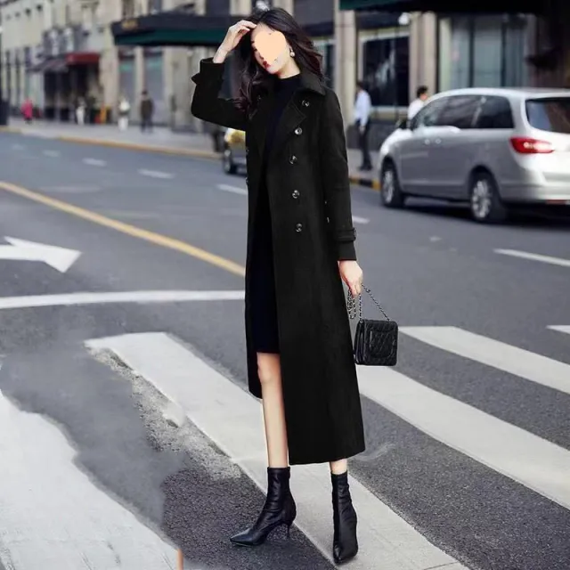 Solid Color Wool Coat Women's Long Slim Knee length Padded Thick Wool Overcoat Black - Shop at LoveMi