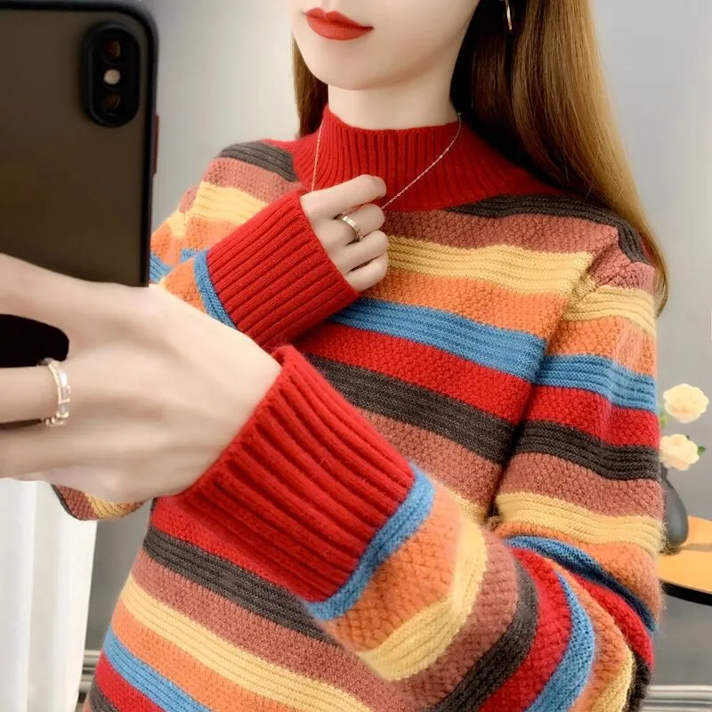 Mock-neck Stripes Sweater For Women - Wine Red