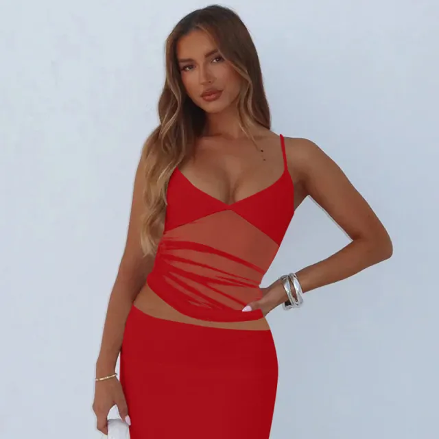 Mesh Slim Fit Patchwork Backless Camisole Red - Shop at LoveMi