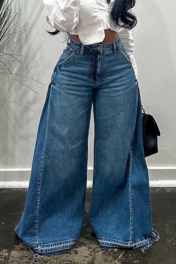 Loose Wide Leg Jeans Stitching Bell bottom Pants Tassel Trousers Blue - Shop at LoveMi