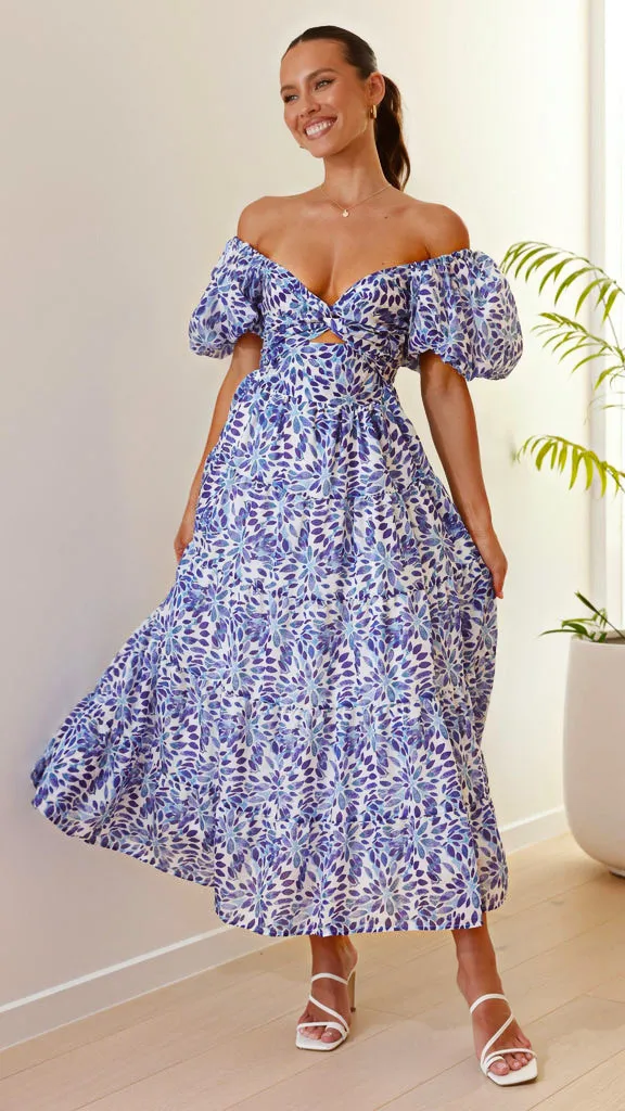 Women's Versatile Casual Waist tied Puff sleeve Flare Dress Purple Flowers - Shop at LoveMi