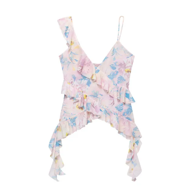 Ruffled Irregular Pure Wind Sleeveless Sexy Top Pink - Shop at LoveMi