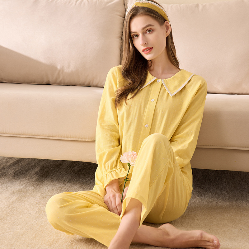 Round Lapel Cotton Homewear Suit Loose Lace Pajamas