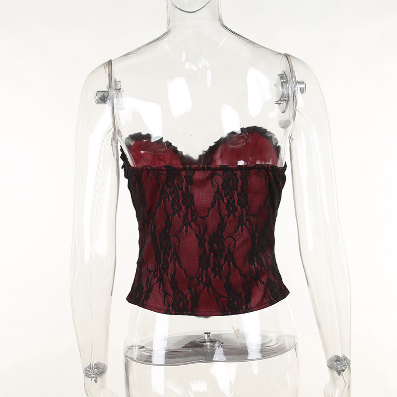 JY22458 Dark Style Design Tube Slim Lace Drawstring Slim-fit Tied Top