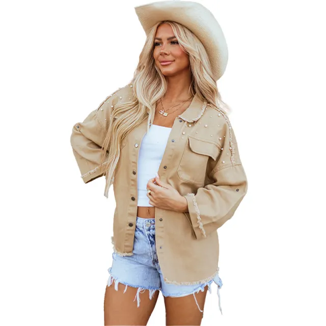 Beaded Denim Coat European And American Loose Lapels Jacket Lc788598 Khaki - Shop at LoveMi