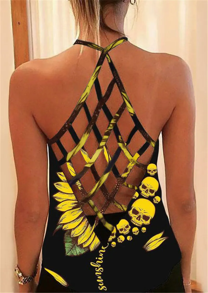 Summer New Printed T-shirt Cross Hollow Back Spaghetti-strap Camisole Top Women In Stock - Skull Print
