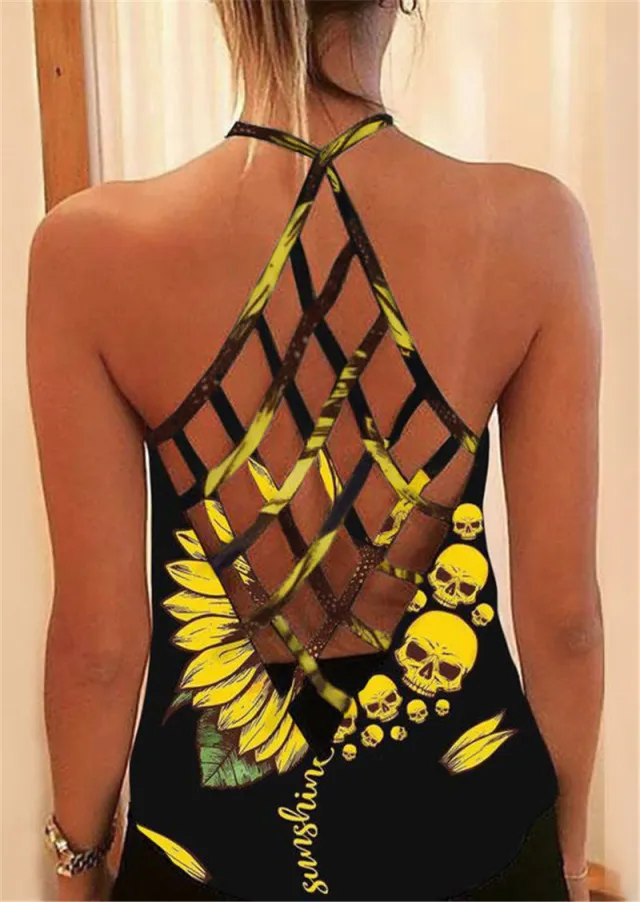 Summer New Printed T shirt Cross Hollow Back Spaghetti strap Camisole Top Women In Stock Skull Print - Shop at LoveMi