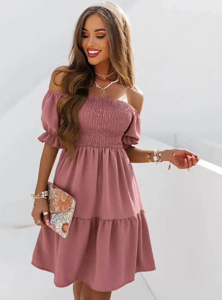 Short Sleeve Off-neck Fitted Waist Pleated Solid Color Loose Big Hem Dress