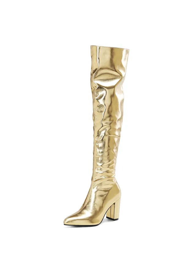 Shiny Gold Patent Leather Chunky heeled Over the knee Boots Gold - Shop at LoveMi