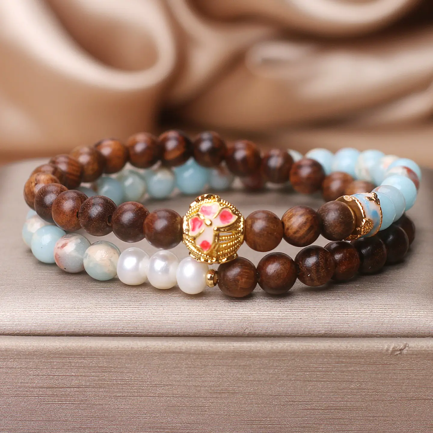 Natural Shoushan Stone Pear Flower And Wood Double Ring Bracelet Women's New Chinese Style Mild Luxury Retro Niche Twin Bracelet Girlfriends' Gift
