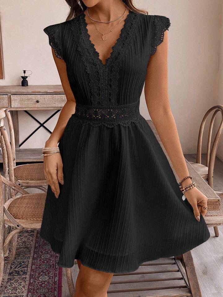Hollow Out V neck Waist Trimming Short sleeved Leisure Dress Black - Shop at LoveMi