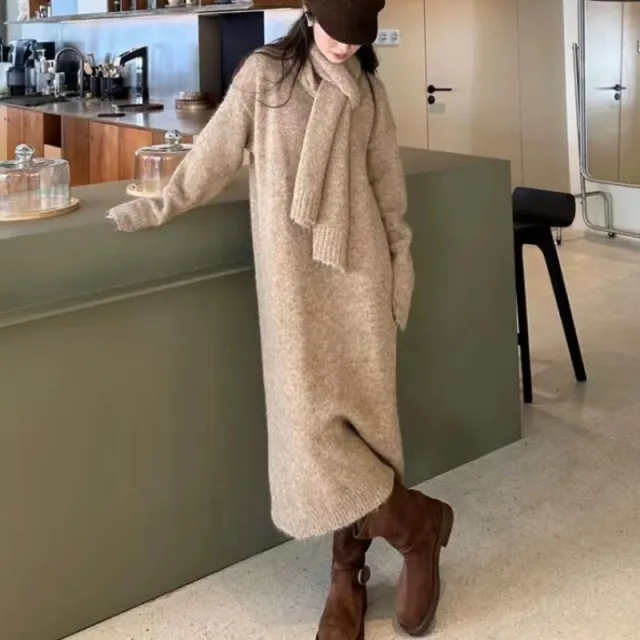 Over The Knee V neck Knitted Dress Sweater Women Camel - Shop at LoveMi