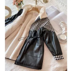 Fleece-lined Thick Loose Stitching Chessboard Plaid PU Leather Cotton-padded Jacket - Black Fleece Thick Houndstooth - View 1