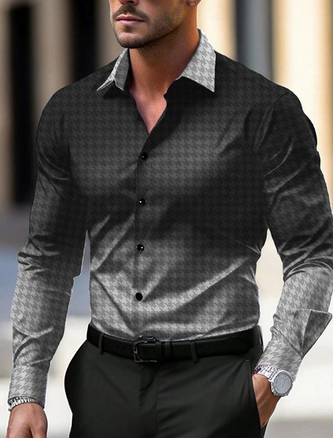 Men's Slim Fit Long Sleeve Dress Shirt | Stylish Pattern Button Down Casual Top - Picture 11 of 14