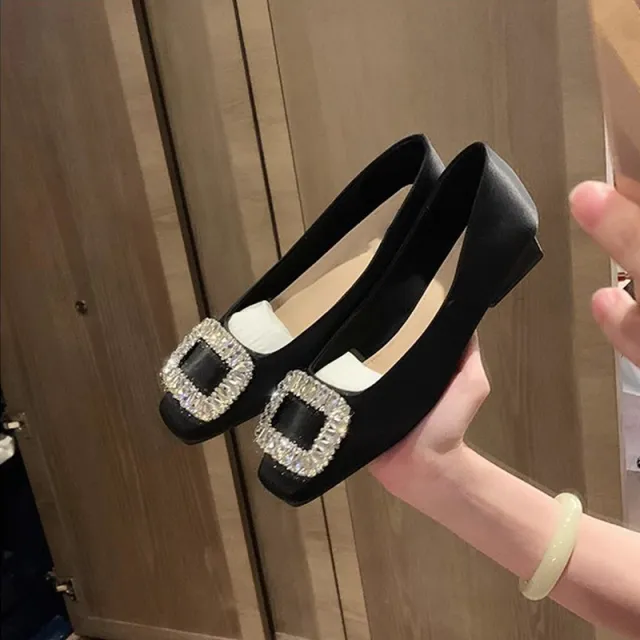 Rhinestone Square Toe Low cut Silver Flat Bottom Pumps Black - Shop at LoveMi