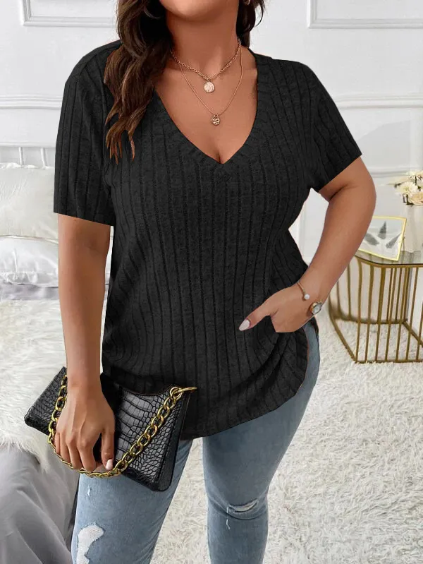 Solid Color Plus Size Women's Clothes Top V neck Sunken Stripe Short Sleeve T shirt Black - Shop at LoveMi