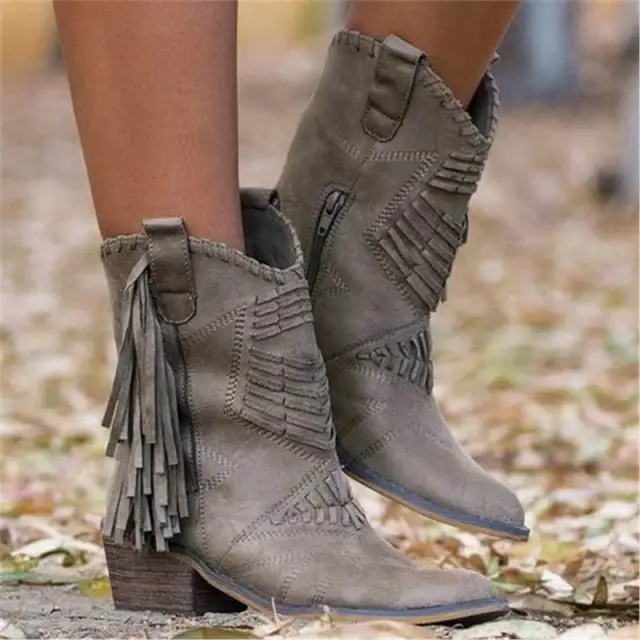 Mid calf Chunky Heel Women's Side Zipper Boots Gray - Shop at LoveMi
