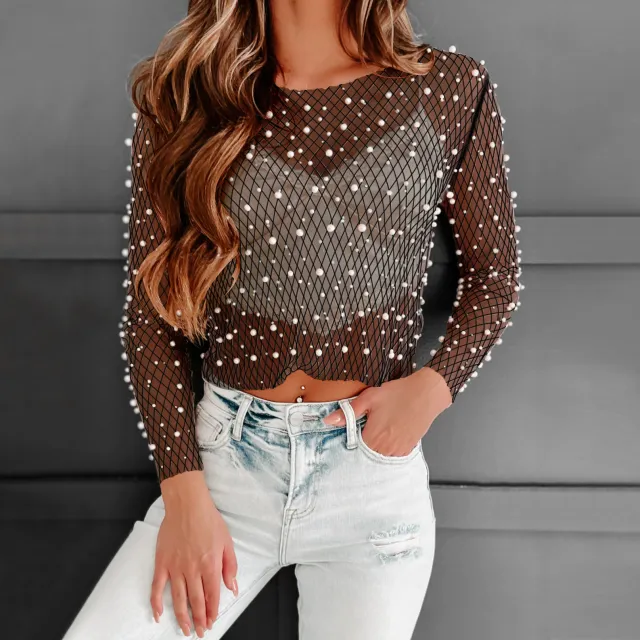 Women's Fashion Bead Mesh Lace Shirt Mesh Long Sleeve Top Black - Shop at LoveMi