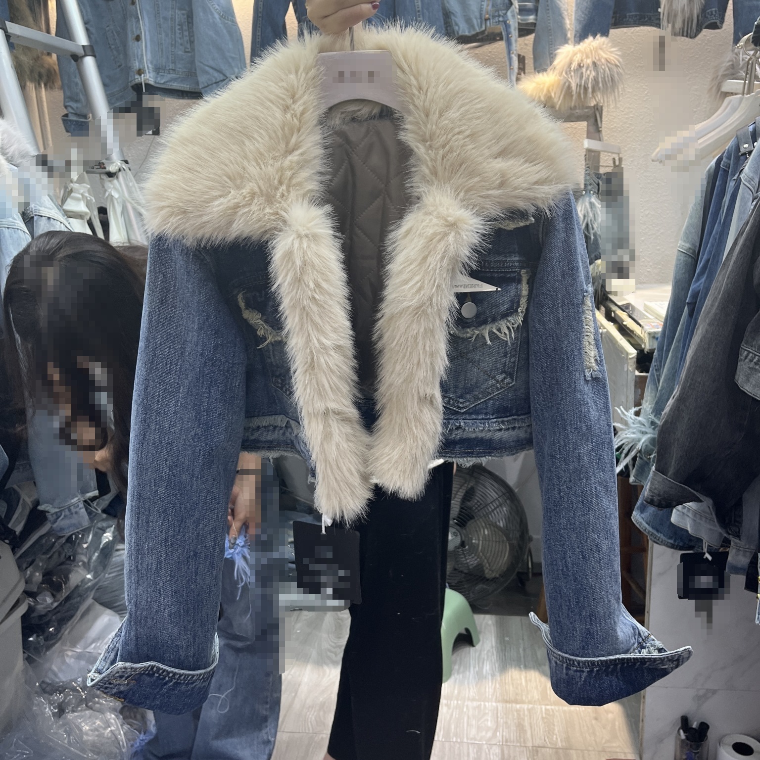 Denim Splicing Quilted Environmental Protection Fox Fur Denim Coat Short - Image 5
