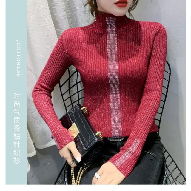 Slim Fitting Diamond Studded Versatile Top With Trendy Long Sleeves Red - Shop at LoveMi
