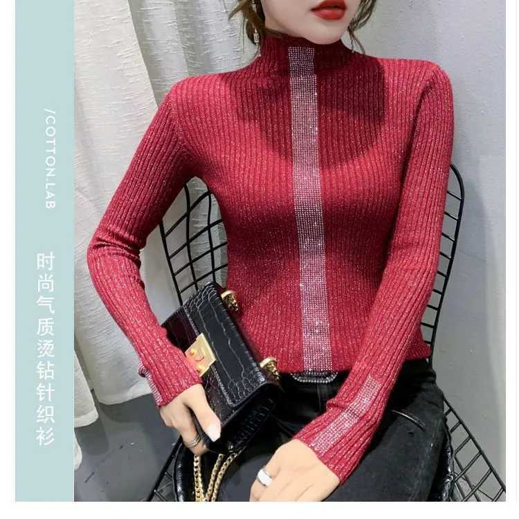 Slim Fitting Diamond Studded Versatile Top With Trendy Long Sleeves - Red