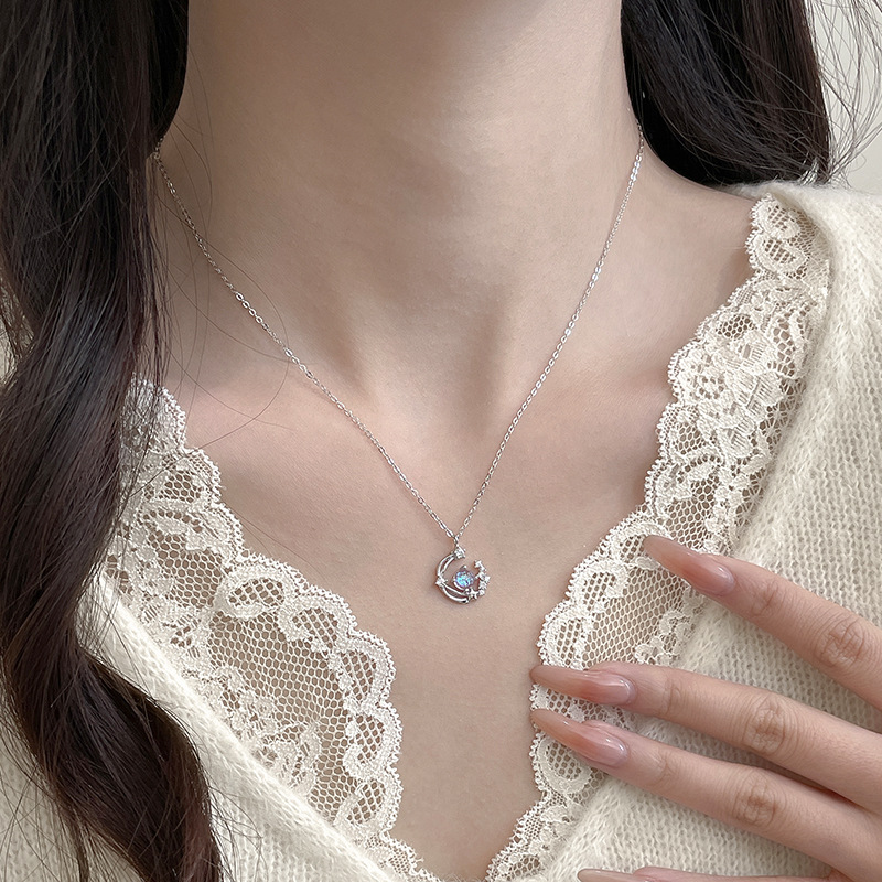 S925 Pure Silver Star Drop Necklace Fantasy Glazed Stone Clavicle