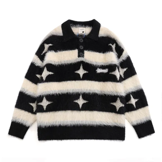 American style Vintage Fleece lined Striped XINGX Lapel Sweater Black - Shop at LoveMi