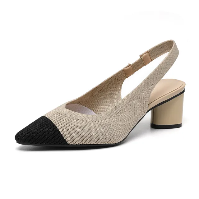 Women's Knitted Solid Color Closed Toe Back Strap Pointed Toe Shallow Mouth Side Empty Daily Chunky Heel Sandals Apricot - Shop at LoveMi