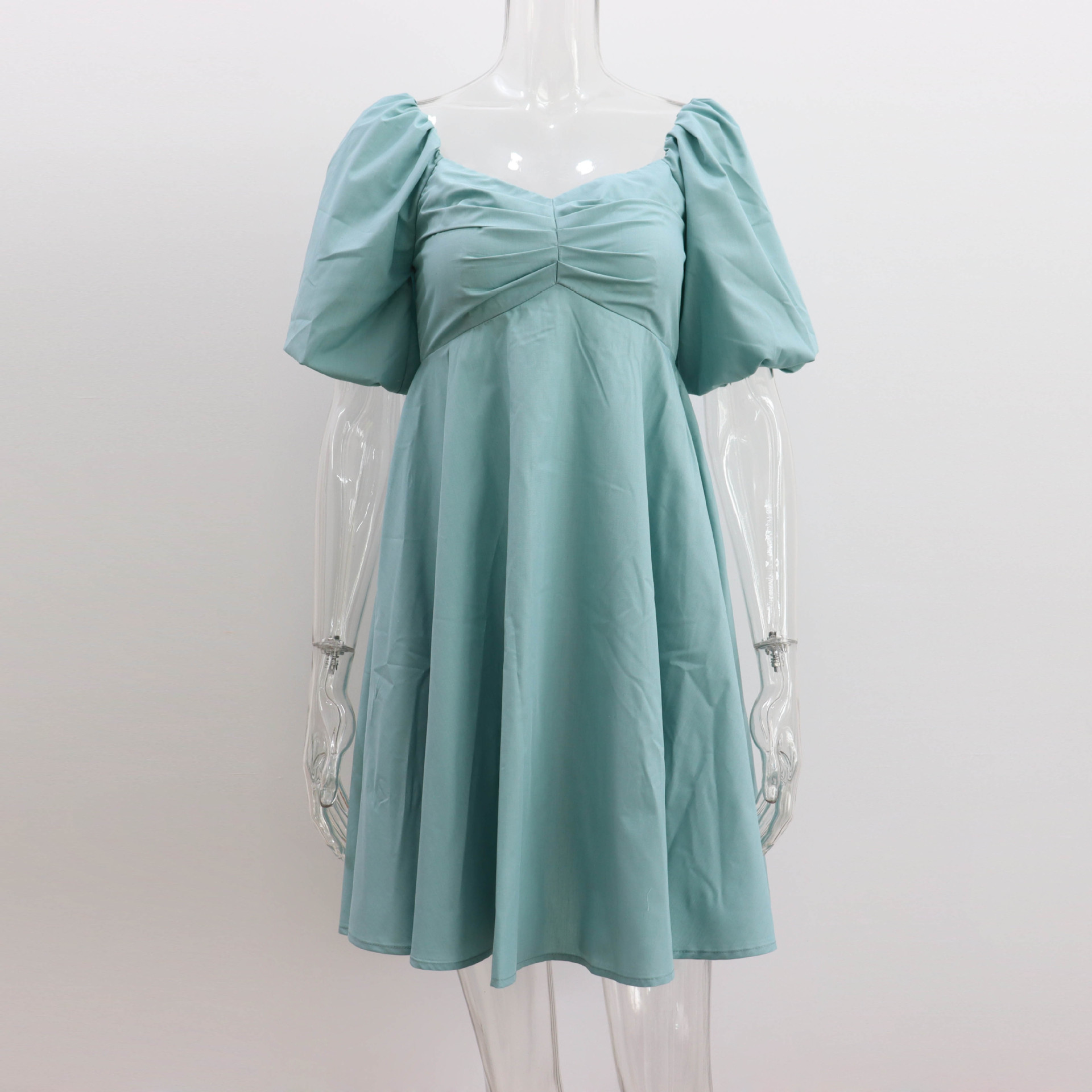 Women's Summer Puff Sleeve High Waist Dress European And American Style Green - Shop at LoveMi