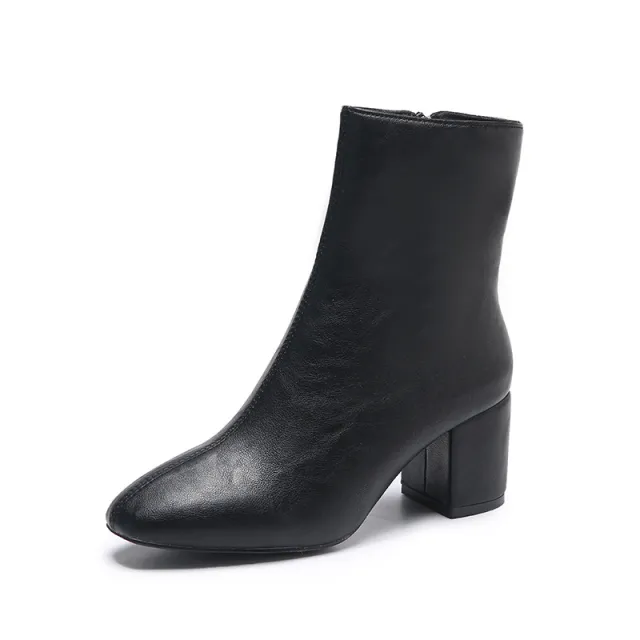 Autumn New Side Zipper Chunky Heel Square Toe Mid calf Simple Fashion High Heels Black - Shop at LoveMi