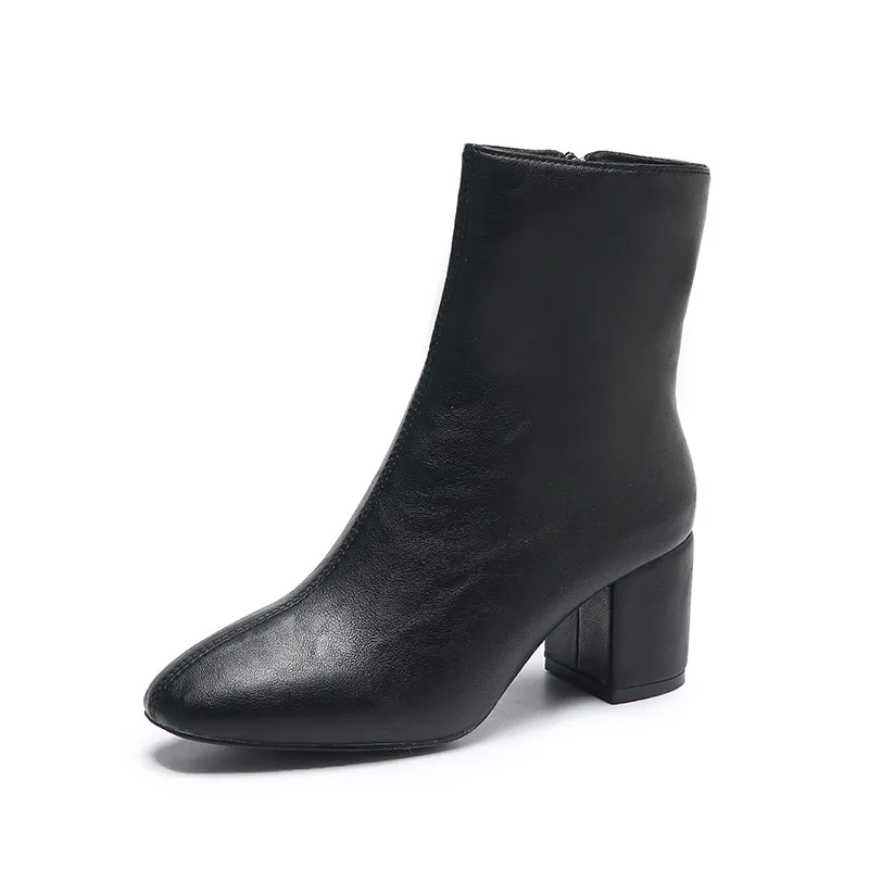 Autumn New Side Zipper Chunky Heel Square Toe Mid-calf Simple Fashion High Heels - Black