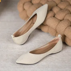 Pointed Toe Shallow Mouth Knitted Woven Flat Pumps Women - Beige - View 1