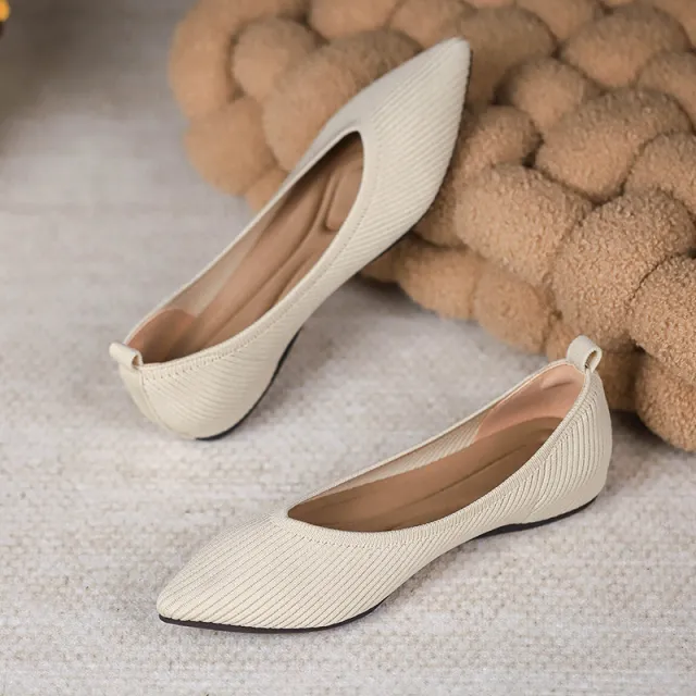 Pointed Toe Shallow Mouth Knitted Woven Flat Pumps Women Beige - Shop at LoveMi