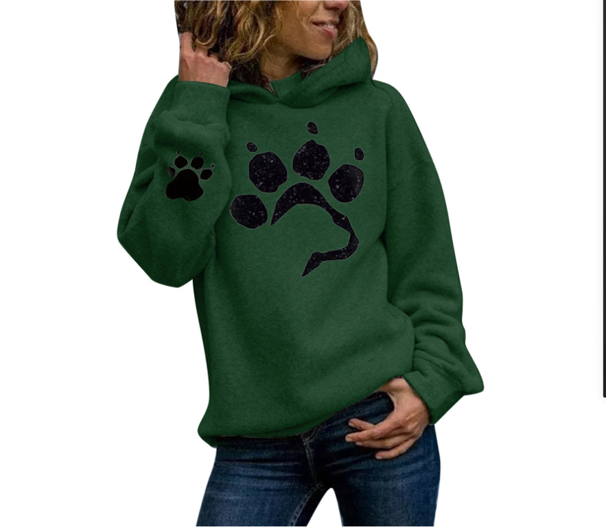  Europe And America Cross Border Women's Clothing Bear Claw Printed Casual Long Sleeve Pullover Loose Autumn And Winter Fleece Hooded Sweater