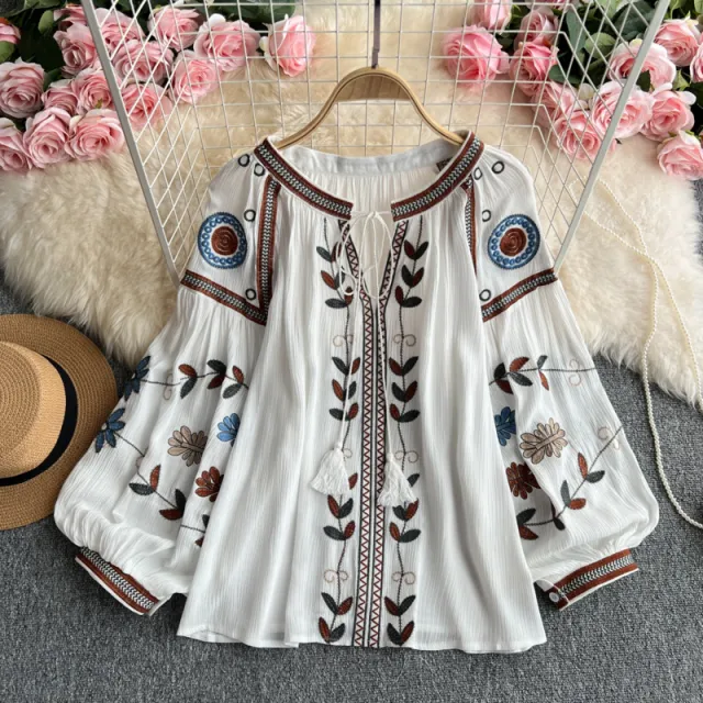 Women's Embroidered Crew Neck Top With Lace up Lantern Sleeves White - Shop at LoveMi