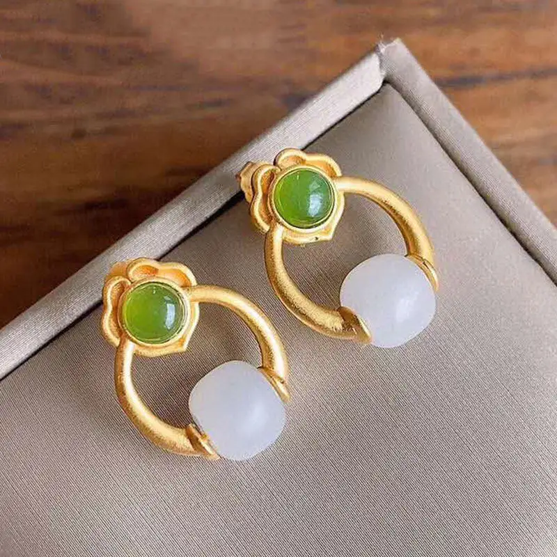 925 Silver Needle Natural Stud Earrings Retro Chinese Jasper