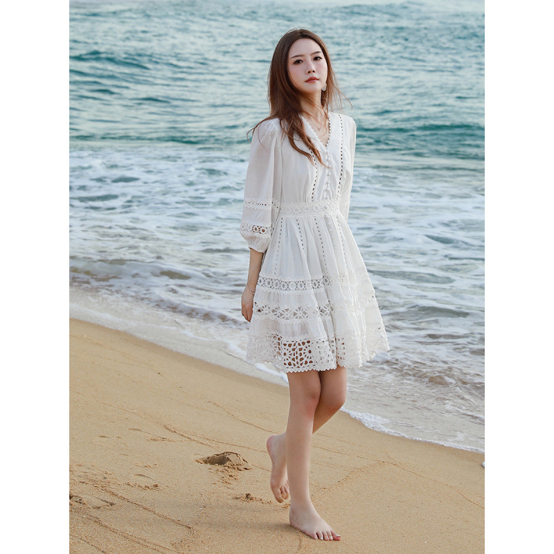 White Lantern-sleeve V-neck Dress