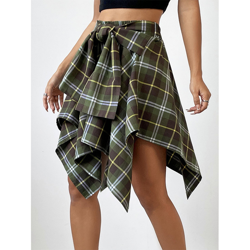 Title 5, Womens High Waist Irregular Plaid Skirt, Europ...