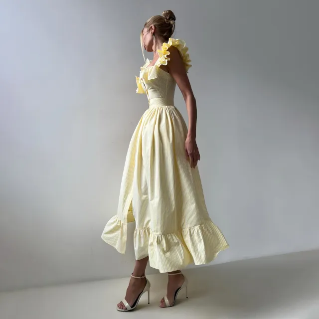 Striped Ruffles A Line Waist Fitted Dress Gb2844 Goose Yellow - Shop at LoveMi