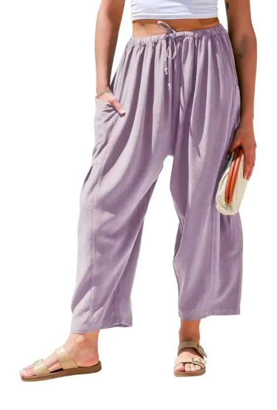 Elastic Waistband Pocket Casual Pants Lavender Purple - Shop at LoveMi