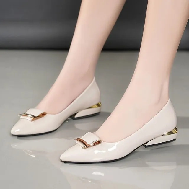 Womens Mid heel Chunky heel Soft soled Low cut Soft leather Pumps Beige - Shop at LoveMi